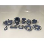 A ten-piece collection of Wedgewood Jasperware Blue. IMPORTANT: Online viewing and bidding only.