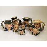 Collection of nine Royal Doulton character jugs, to include Sir Thomas Moore and The Antique