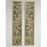 Two framed embroidered on silk kimono sleeves depicting figures in rural setting with mountains to