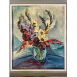 CHARLES MESSENT, framed, signed, oil on board, clear vase with red, yellow and pink flowers with