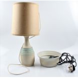 A Molly Finlayson studio pottery lamp with blue and cream glazing, together with a bowl with brown