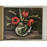 CHARLES MESSENT, framed, signed, titled ‘Poppies’ on verso, oil on board, still life of poppies,