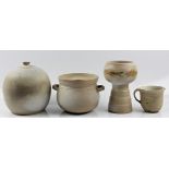 A Molly Finlayson studio pottery vase, together with a pot, goblet and a jug, all with brown and