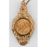 An Elizabeth II 1967 full sovereign, mounted in a textured design pendant mount, on a hallmarked 9ct