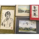 Five various framed pictures including watercolour by Peter Lloyd-Davies, airplane in rural setting,