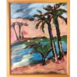 CHARLES MESSENT, framed, signed, oil on board, palm trees along bank of river with desert