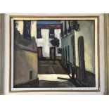 CHARLES MESSENT, framed, signed, oil on board, street with houses each side, approx 50cm x 59cm.