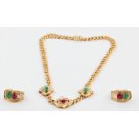 A part suite of emerald, ruby and diamond set jewellery, comprising a necklace set with a ruby