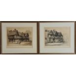 Four framed pictures, two etchings of buildings, two humorous cartoon pen drawings by Jeremy. BOOK A