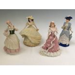 One Coalport figure, Age of Elegance Tea Dance, together with three Wedgwood figures, The Golden