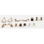 A collection of earrings, to include six pairs and two single earrings, some set with gemstones,