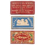 Three needle packet boxes, comprising a red leather example tooled in gilt with colour onlays and