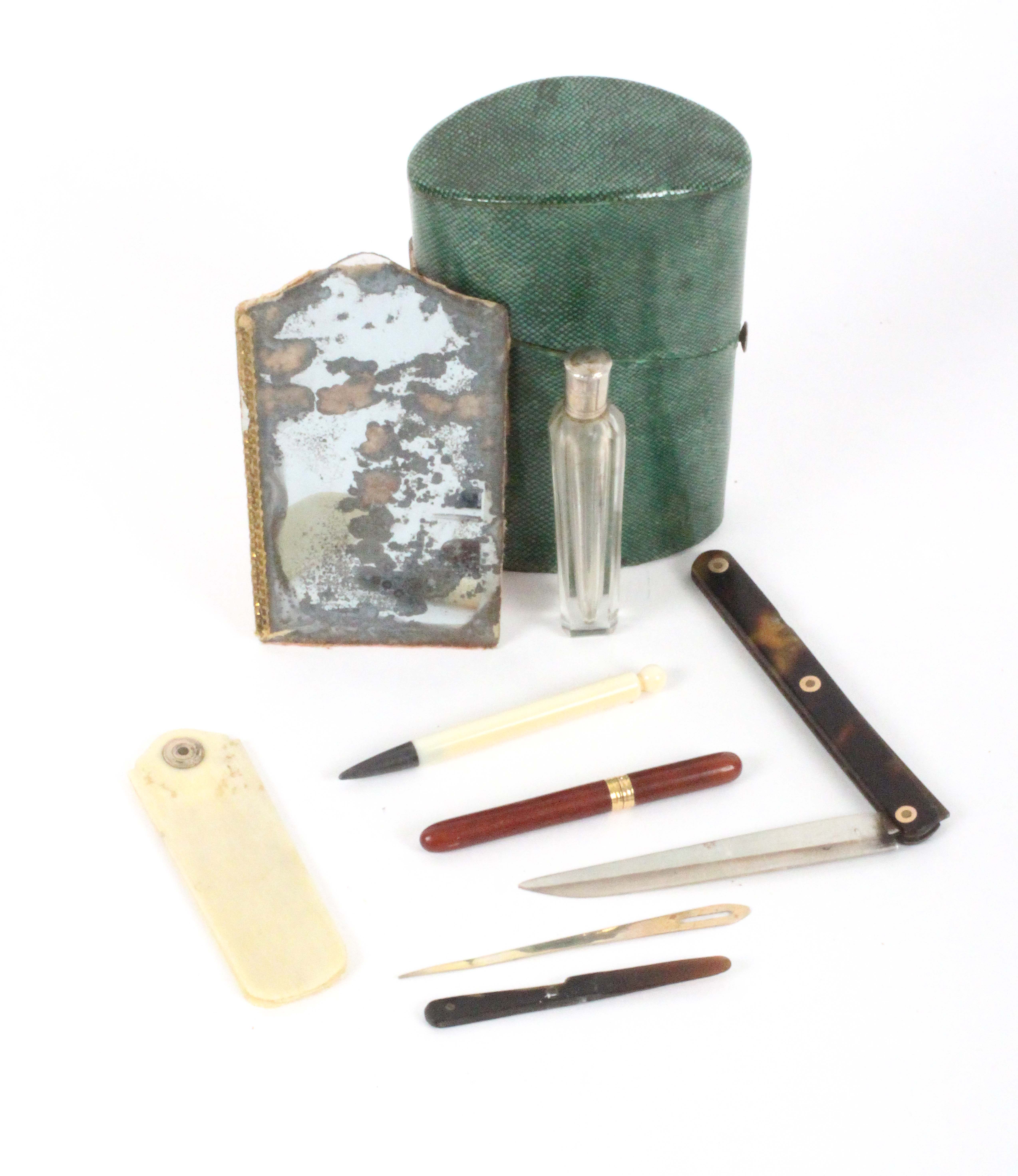 A late 18th Century green shagreen etui, the case of oval section and slightly tapering, hinged - Image 2 of 3