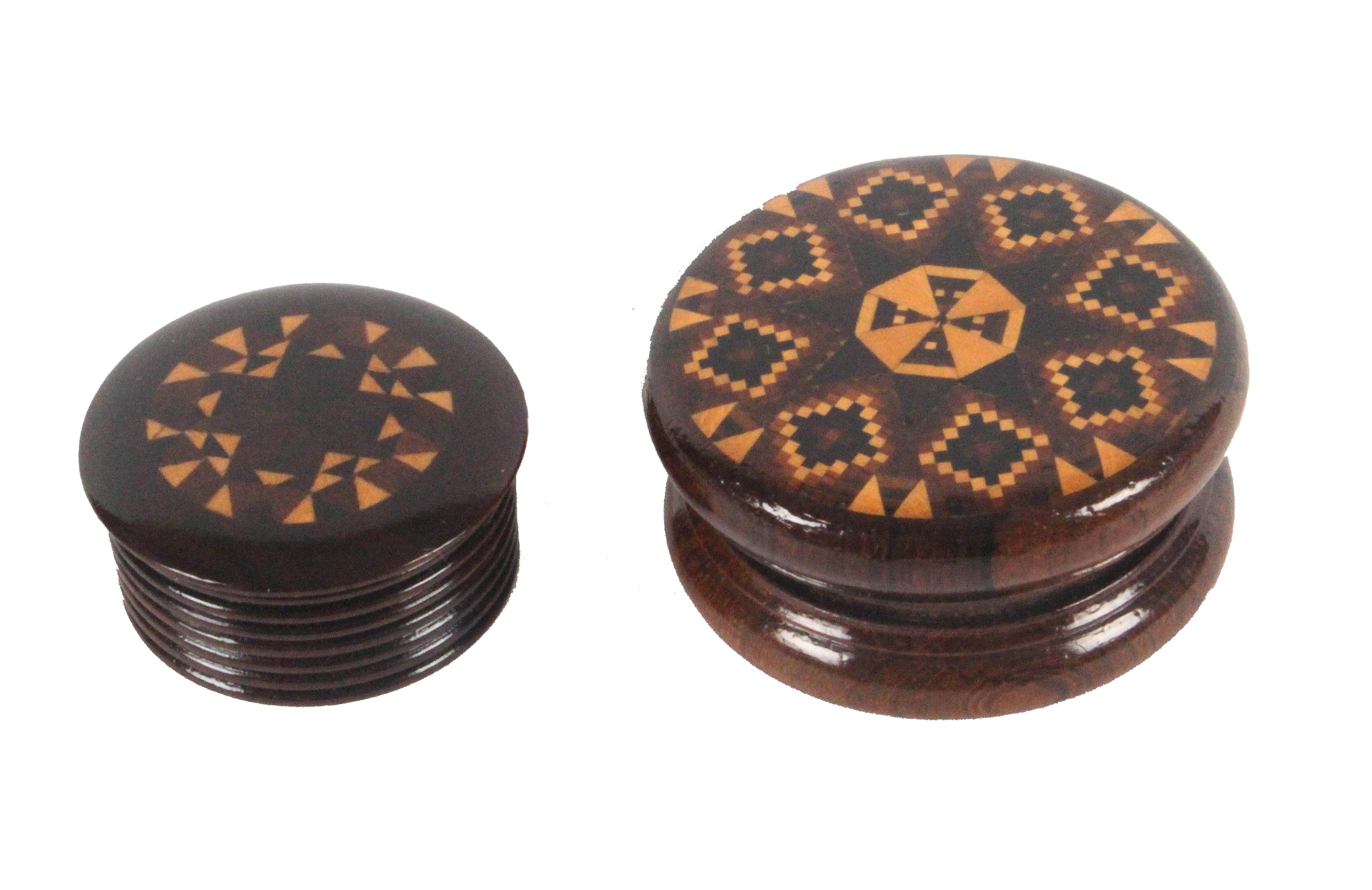Two turned rosewood Tunbridge ware boxes, comprising a rib turned example, the overhanging screw top - Image 2 of 2