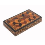 A Tunbridge ware rectangular desk paperweight, the top with a panel of cube work the sides in