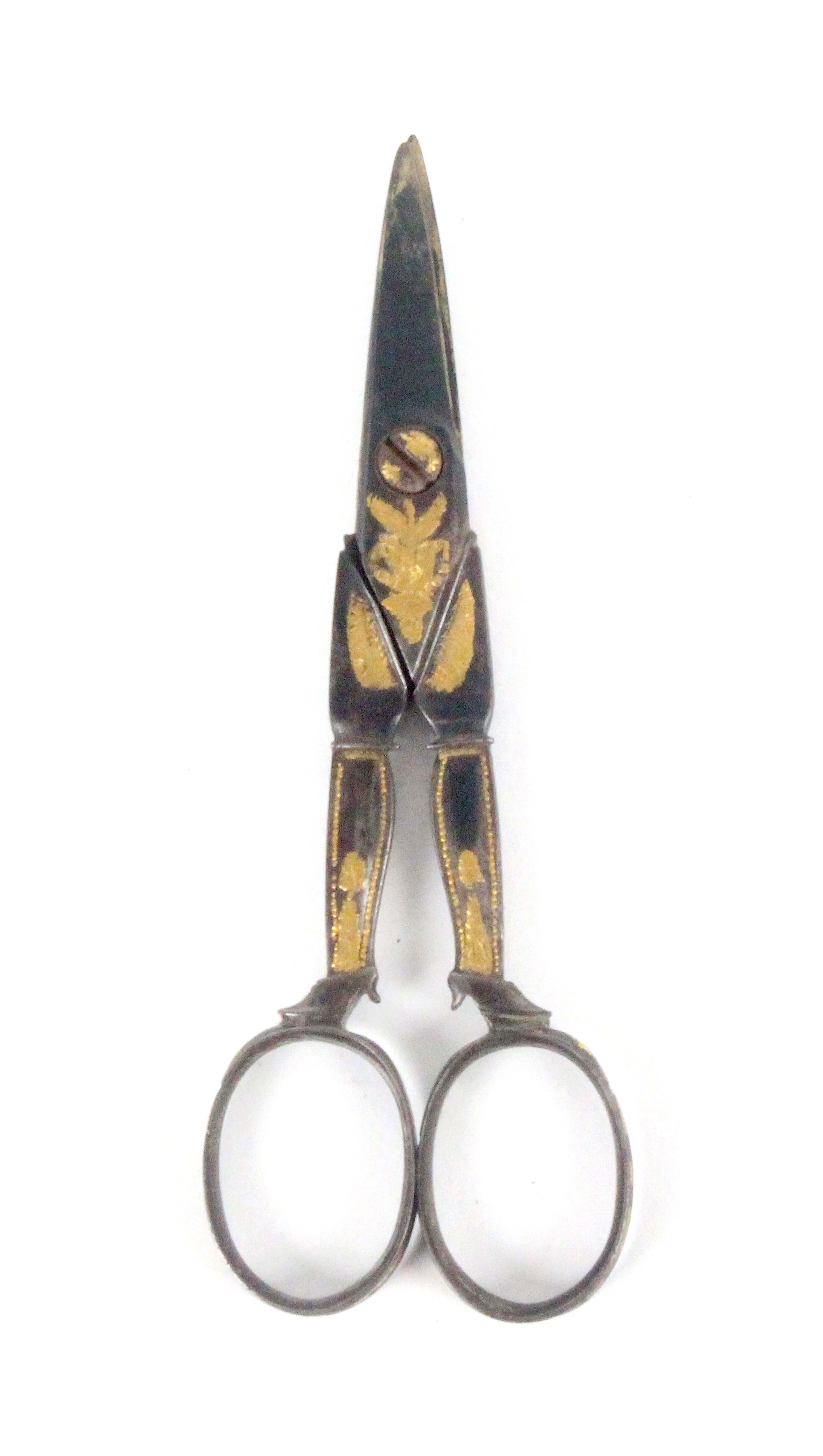 A pair of late 18th Century gold mounted steel scissors, English or French, short tapering blades - Image 2 of 2