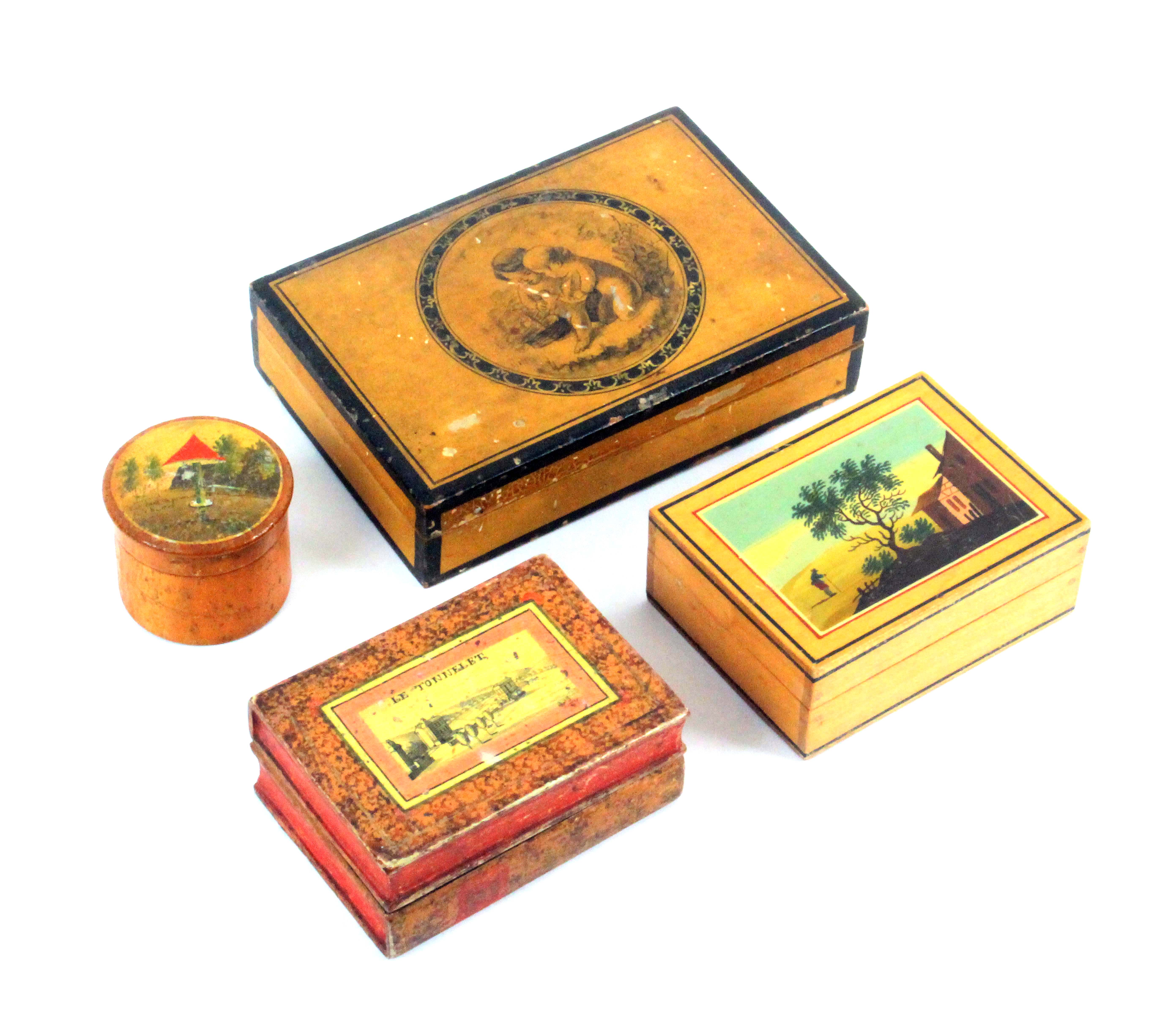 Four late 18th/late 19th Century Spa ware boxes, comprising a rectangular box the yellow ground