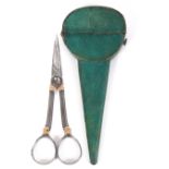 An 18th Century green shagreen scissor case with steel and gold mounted scissors, the case with some