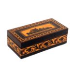 A scarce rosewood Tunbridge ware rectangular box, the lid with an inset mosaic panel of a cottage