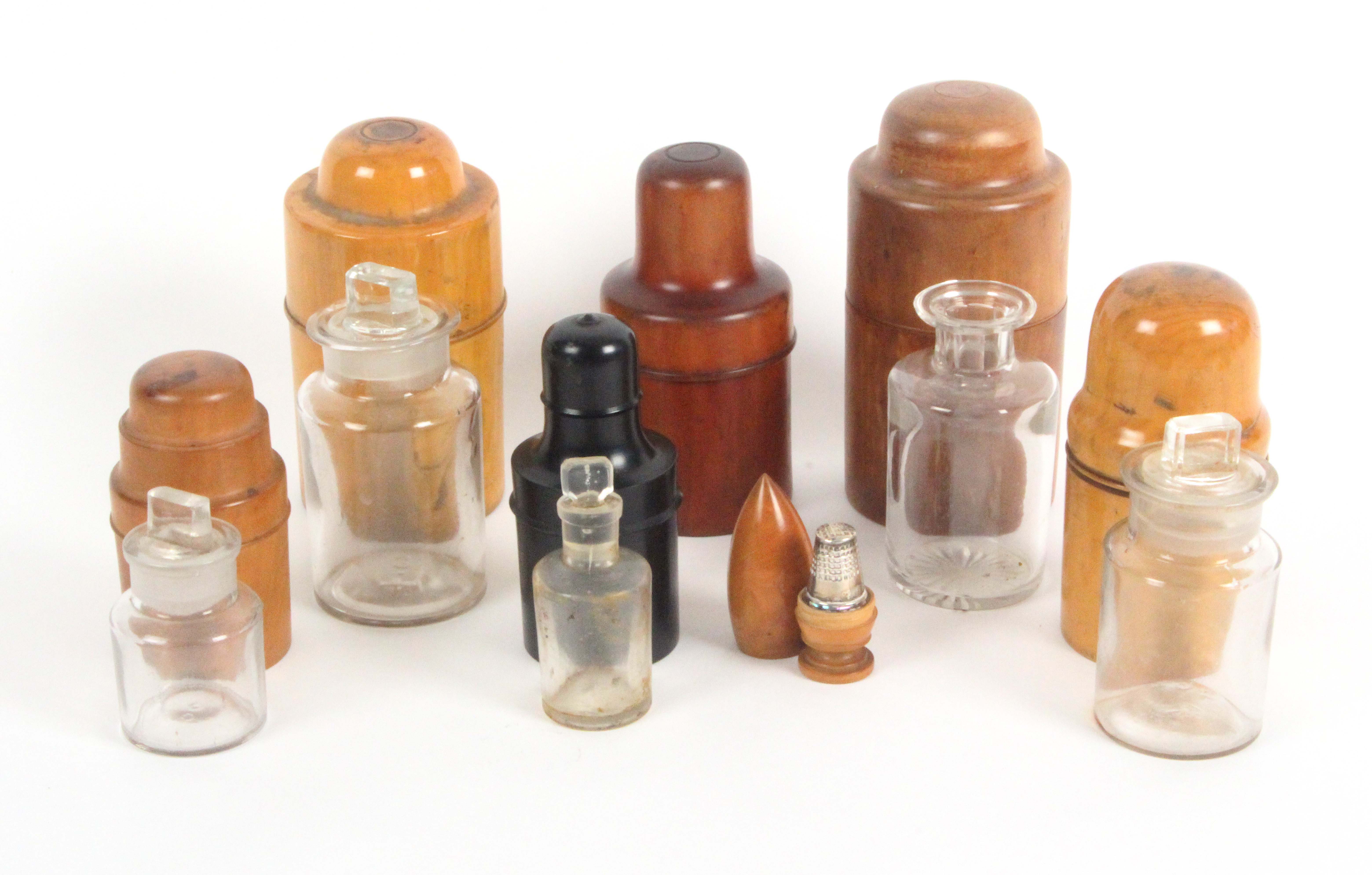 Six 19th Century chemists turned wooden bottle cases, mostly in boxwood with examples stamped for - Image 2 of 2