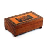 A late Tunbridge ware figured oak card box, of rectangular form, the lid with an inset mosaic