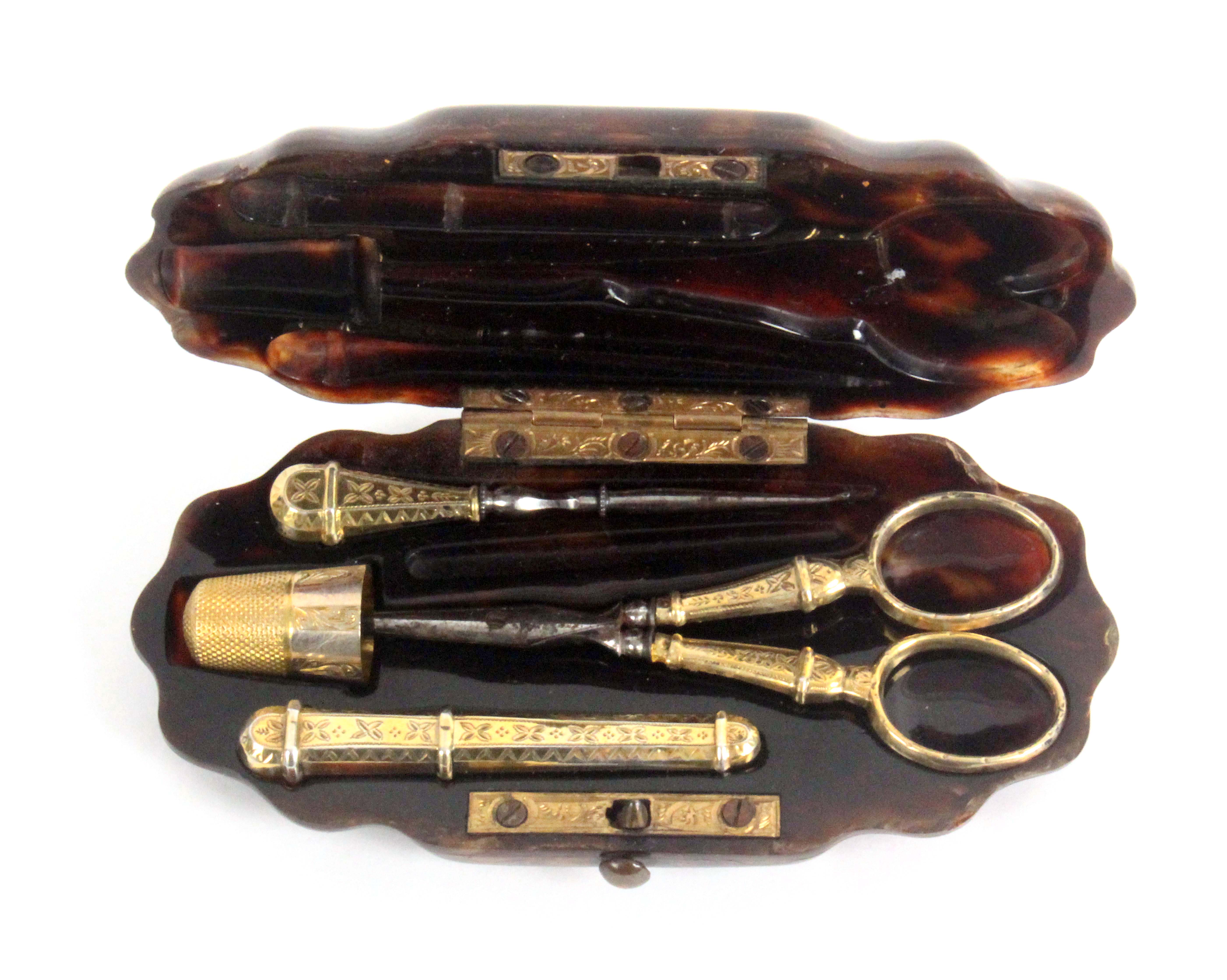 A mid 19th Century French tortoiseshell and gold inlaid etui, with silver gilt fittings, the case of - Image 2 of 3