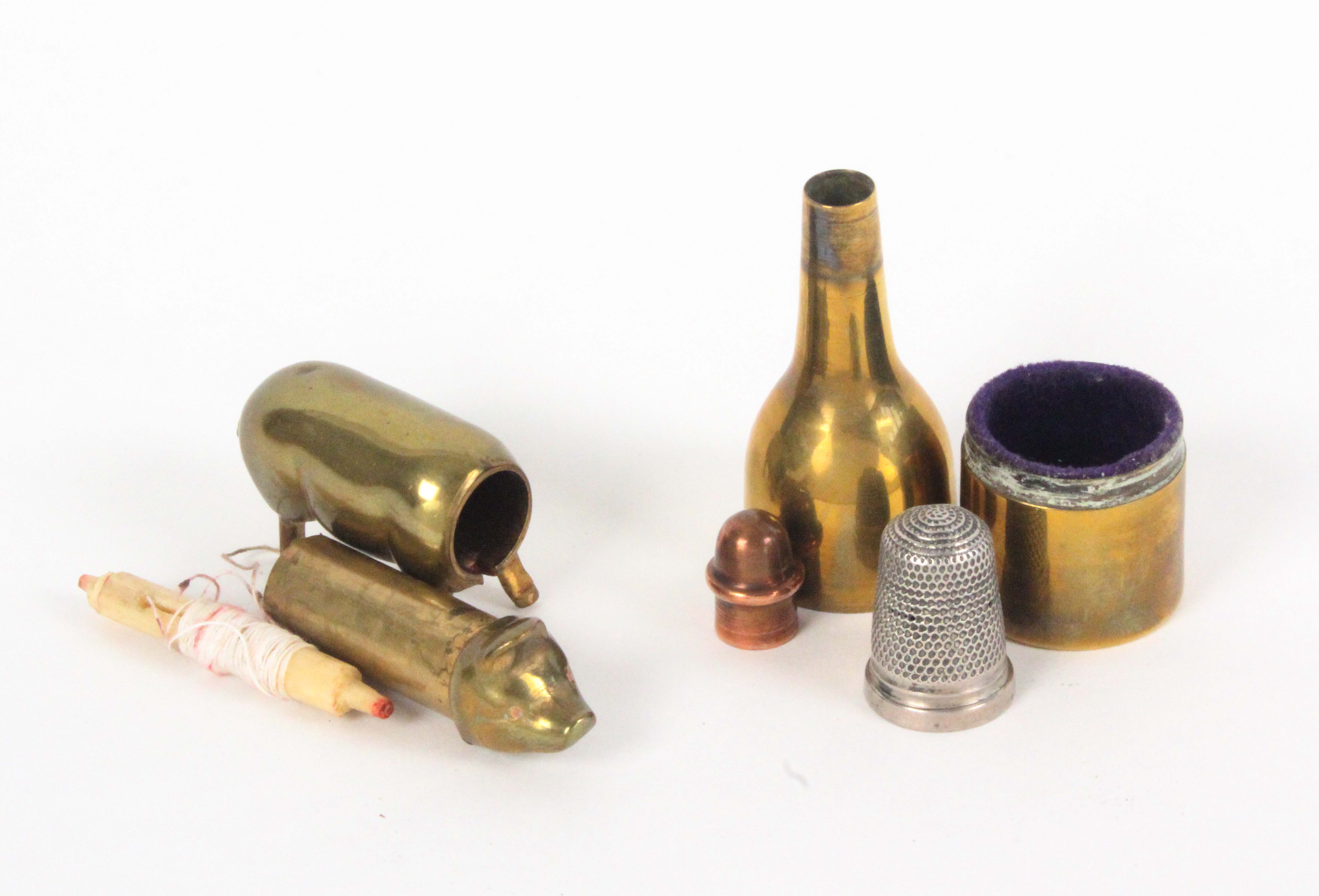 Two brass novelty sewing companions, comprising a bottle with copper cover fitted as a thimble and - Image 2 of 2