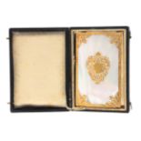 A fine gold mounted mother of pearl notelet/visiting case, complete with outer box, the book form