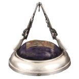 A silver military rifle form pin cushion and ring stand, the circular purple velvet pin cushion with