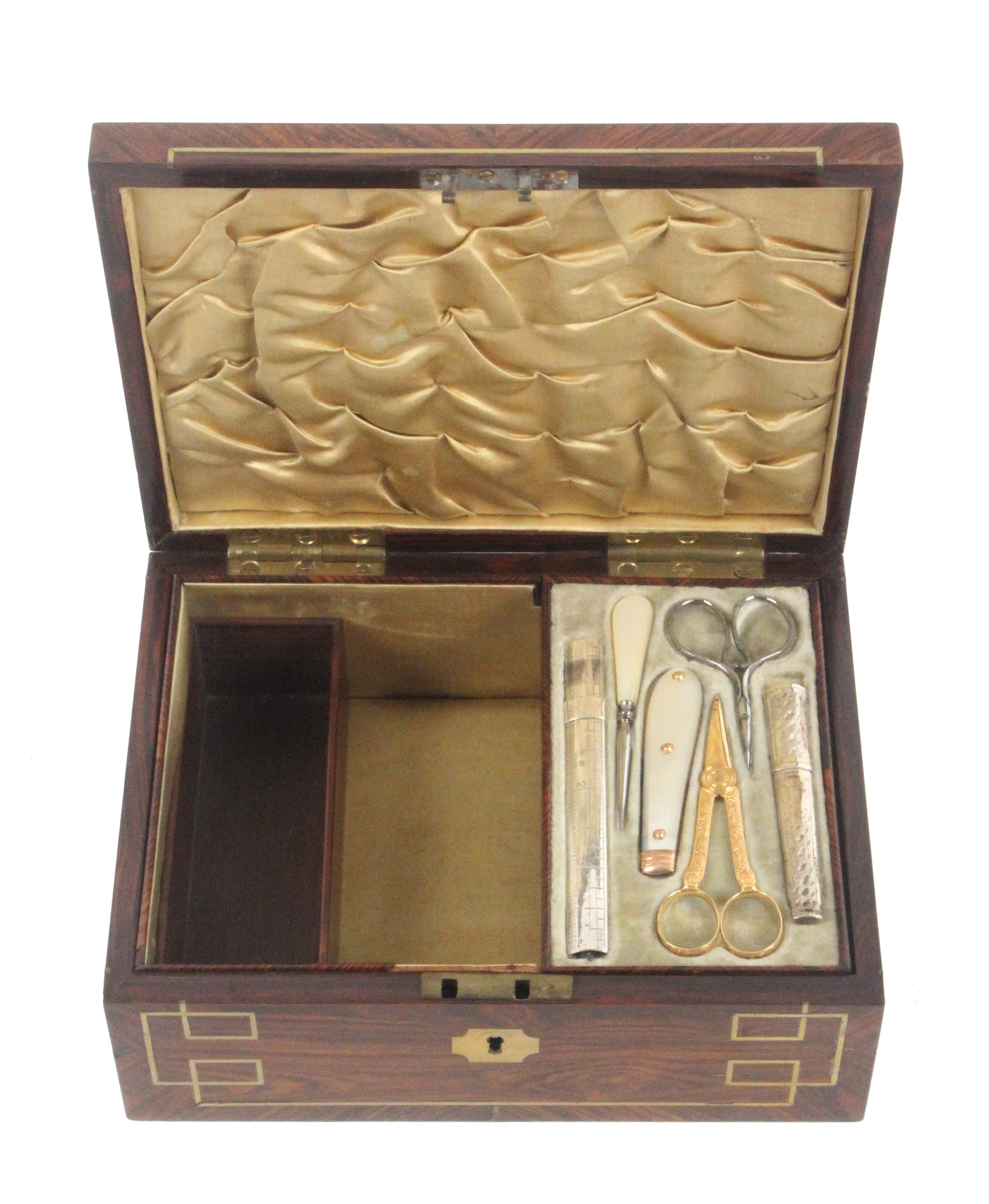 A finely fitted kingwood and brass inlaid small format sewing box, circa 1835, of rectangular - Image 3 of 4