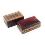 Tunbridge ware - two pieces, comprising a rosewood rectangular needle packet box, the lid titled