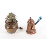 Two copper novelty tape measures, comprising a chocolate pot with agate handle, complete printed