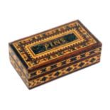 A Tunbridge ware rectangular pin box, the lid titled in mosaic 'PINS', within geometric mosaic