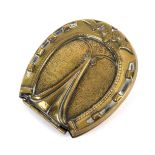 An Avery brass needle packet box, 'horse shoe', internal hinged lid with three slots, impressed to