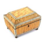 A small Anglo-Indian porcupine quill and ivory sewing box, circa 1800, of sarcophagal form, the