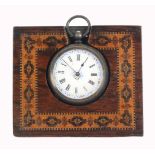 A Tunbridge ware rosewood watch stand, of wedge form, with a silver cased fob watch within a