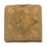 An Avery type gilt brass needle packet case 'Alexandra', floral covers, two internal hinged double