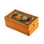 An early Tunbridge ware white wood and painted rectangular box, the sliding lid painted with a