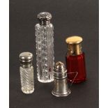 Three scent bottles and a miniature silver muffineer, comprising a ruby glass scent bottle of