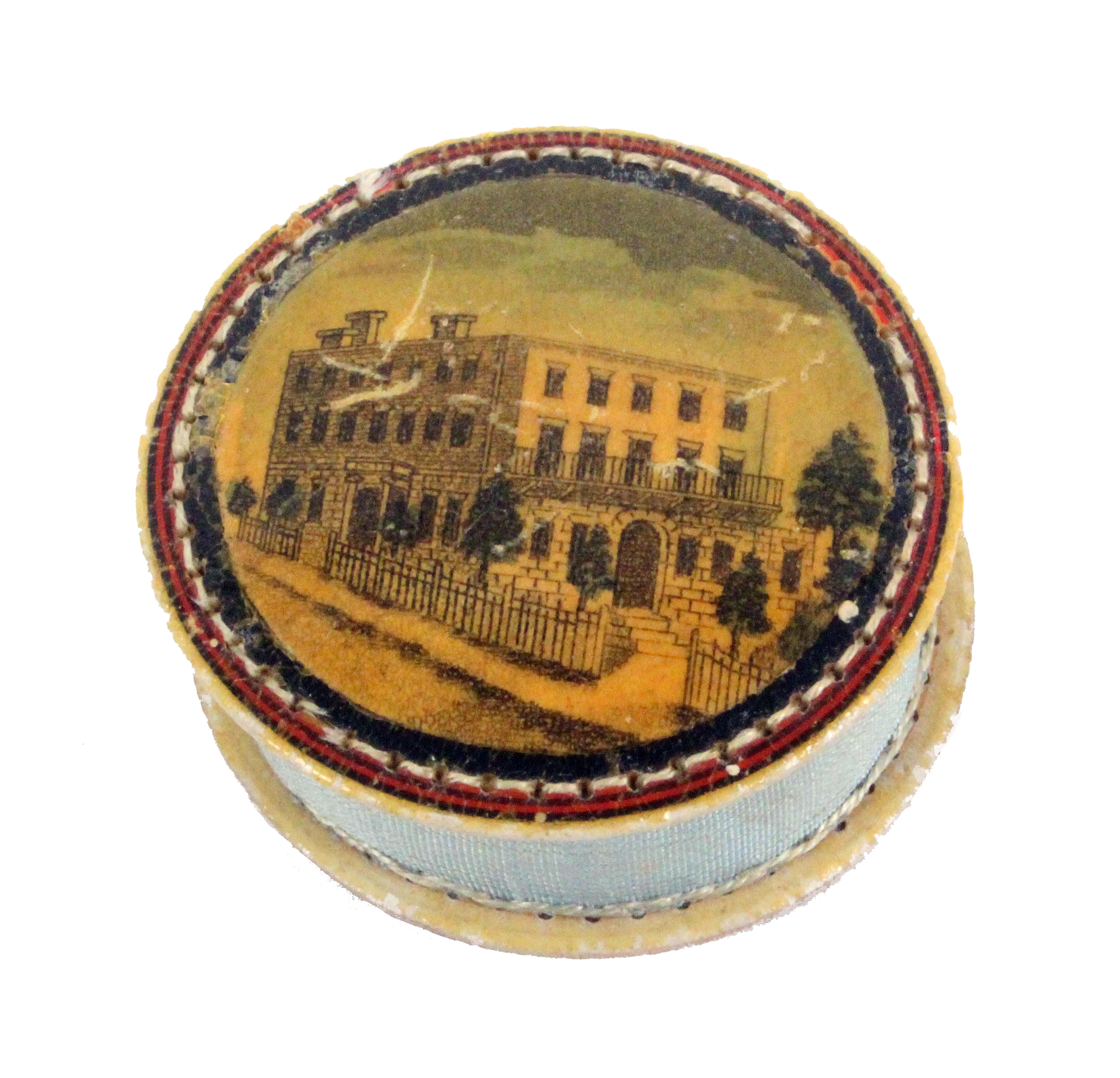 Tunbridge ware - a scarce whitewood print decorated disc form pin cushion, each side with a view - Image 2 of 2