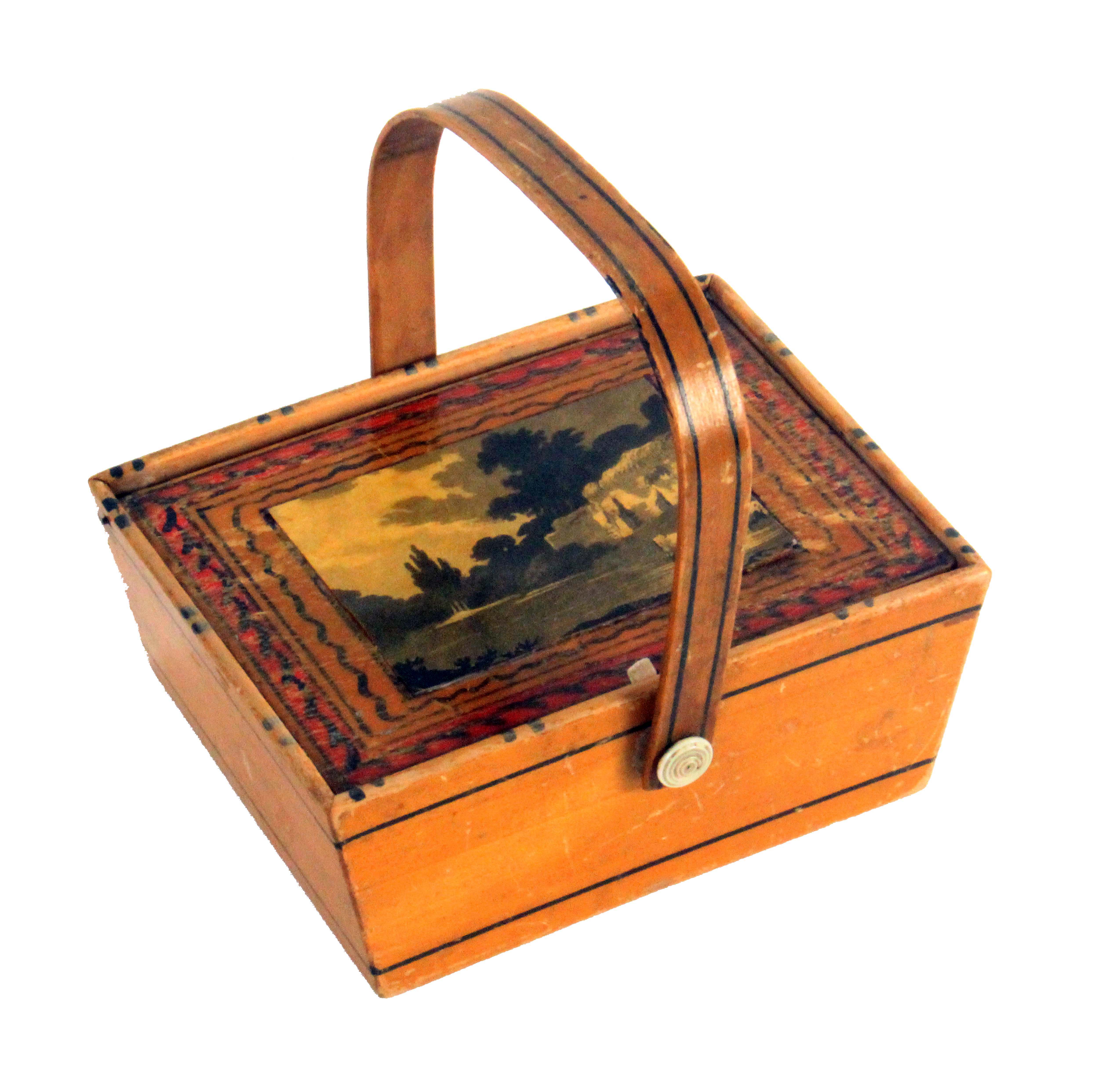 An early print and paint decorated Tunbridge ware small sewing pannier, the sloping sides below a