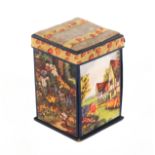 A falling side needle packet box, the exterior with colour prints below a pin cushion top, the