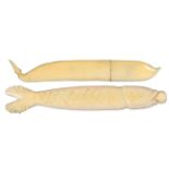 Two 19th Century ivory figural needle cases, comprising an example carved as a pea pod, 8.5cms,