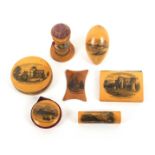 Mauchline ware - sewing, seven pieces comprising a needle book (Kenilworth Castle From The