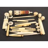 19th Century ivory and bone sewing items, comprising a Chinese carved ivory sewing clamp, 15cms, a