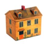 A good early painted Tunbridge ware white wood cottage sewing box, the pitched roof with double