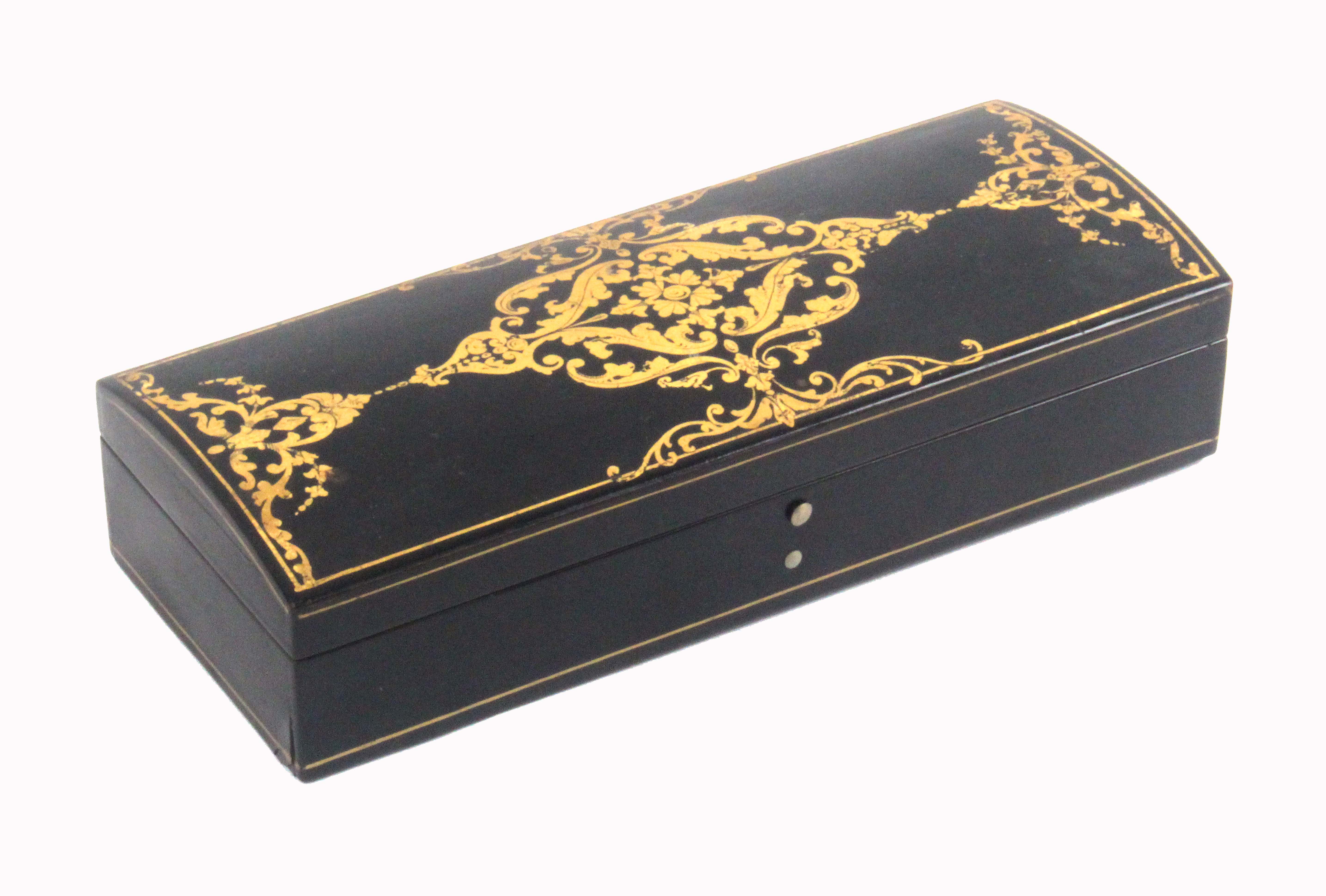 A papier mache glove box, stamped 'Jennens and Bettridge', the domed top with gilt decoration, the