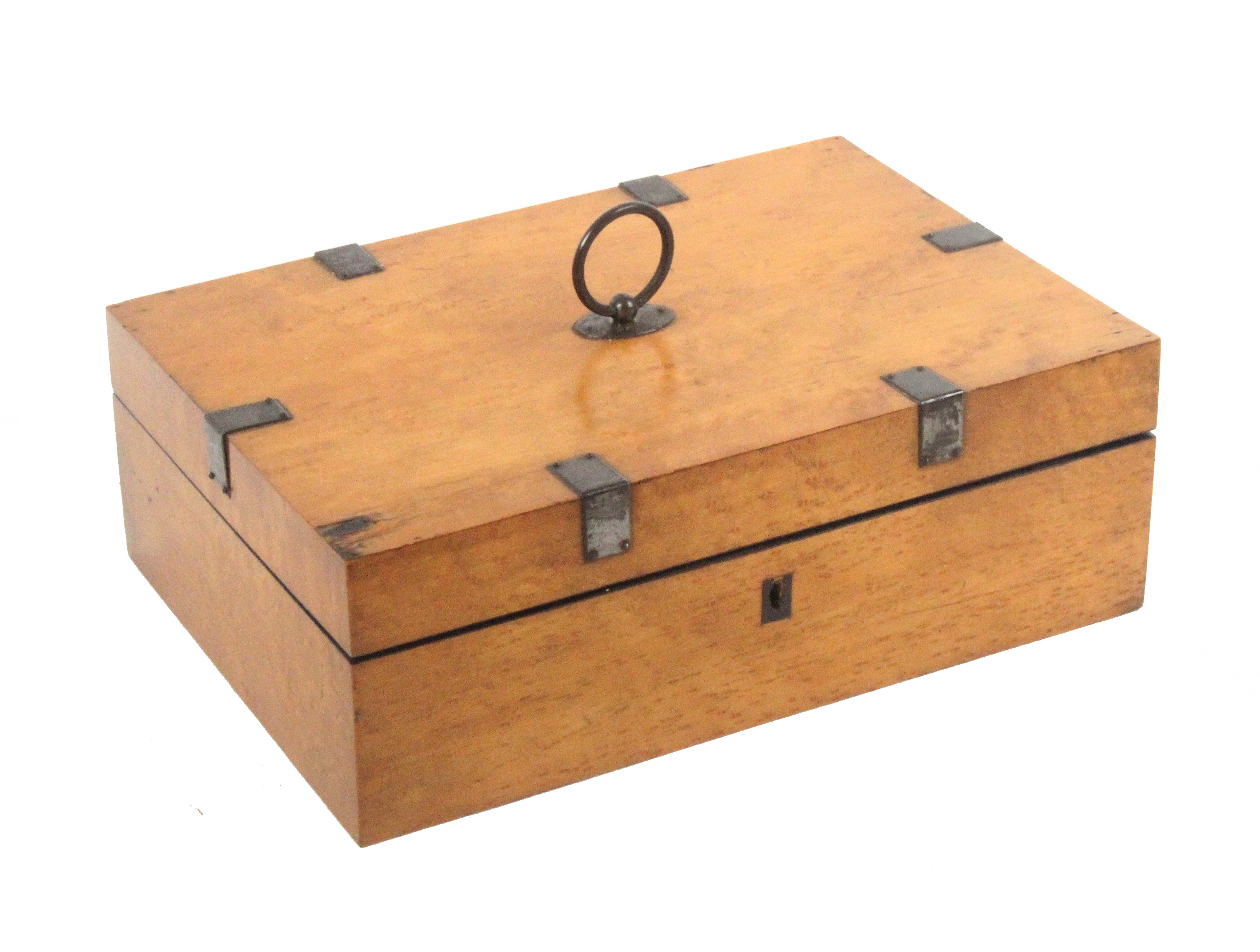 A French burr maple and steel mounted rectangular sewing box, circa 1850, the lid with central