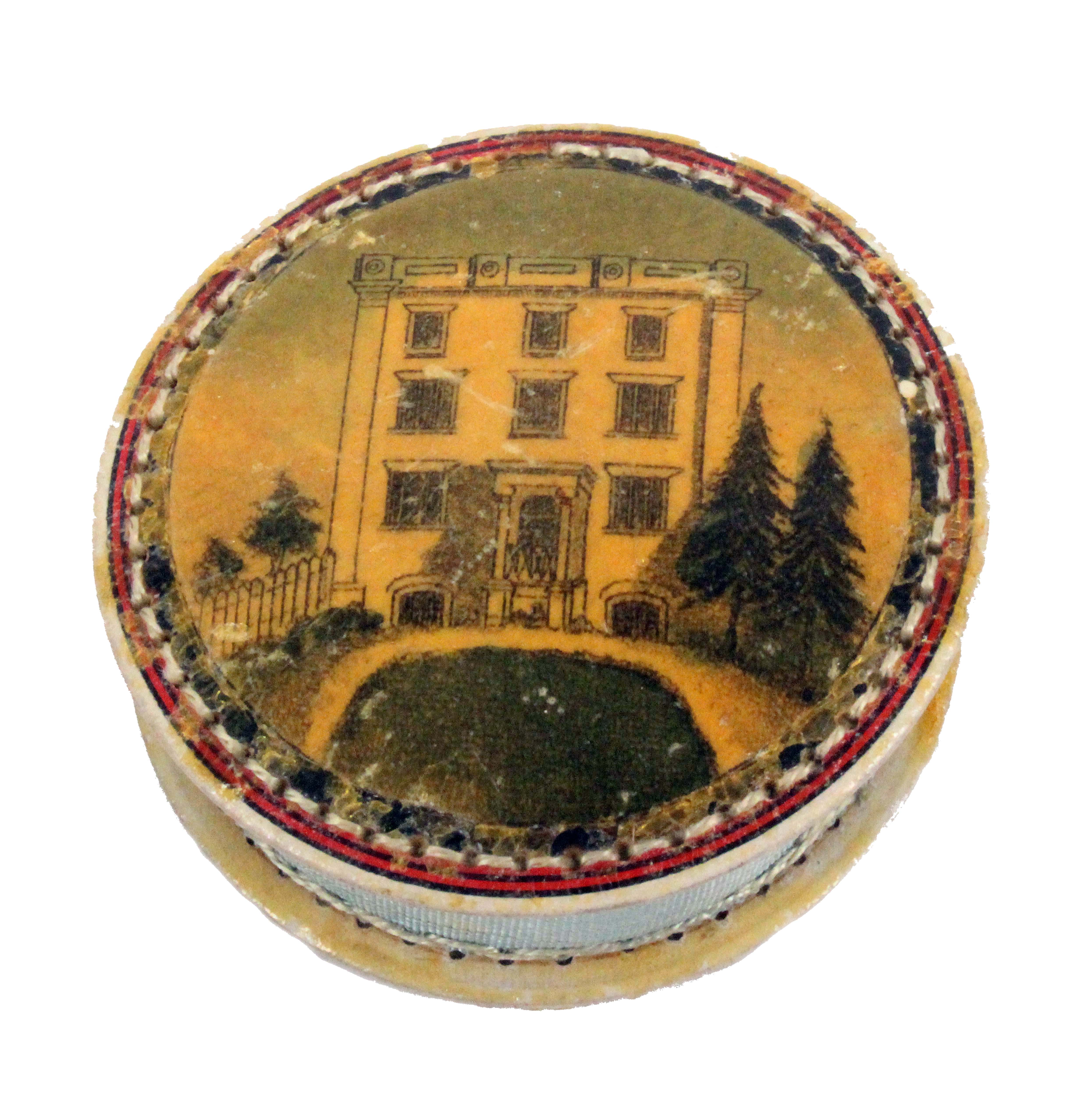 Tunbridge ware - a scarce whitewood print decorated disc form pin cushion, each side with a view