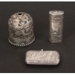 Three small silver pieces, comprising a crocodile pattern purse with internal mirror and hinged